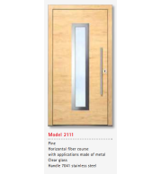 UNILUX Model 2111 Pine Door, Horizontal Fiber, Metal Accents, Clear Glass, Stainless Handle, Security Lock, Timber Entry
